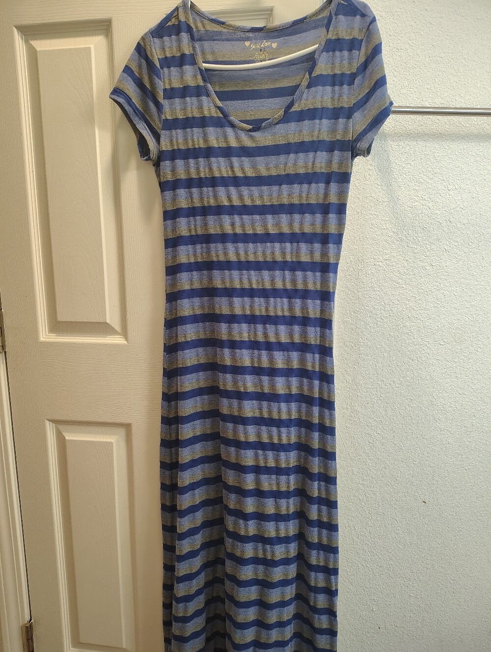 Striped Blue and Gray Short-Sleeve Maxi Dress